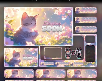 Sakura Cat Animated Stream Package | Twitch Overlay | Cherry Blossom Theme | YouTube Kick