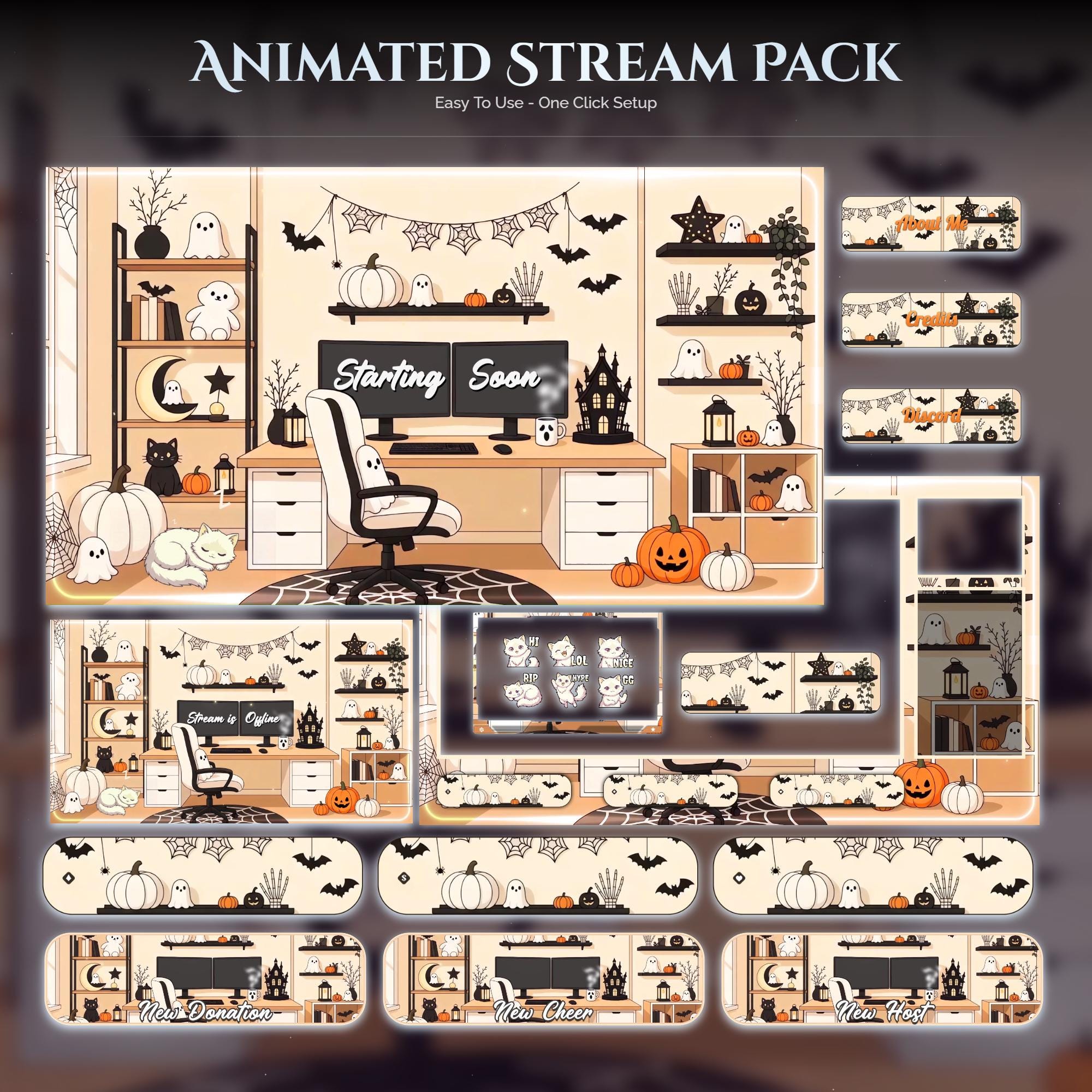 Animated Halloween Twitch Overlay Pack — animated seasonal stream overlay pack for Twitch, YouTube, Kick and TikTok, with Starting Soon, BRB and Ending screens, alerts and panels