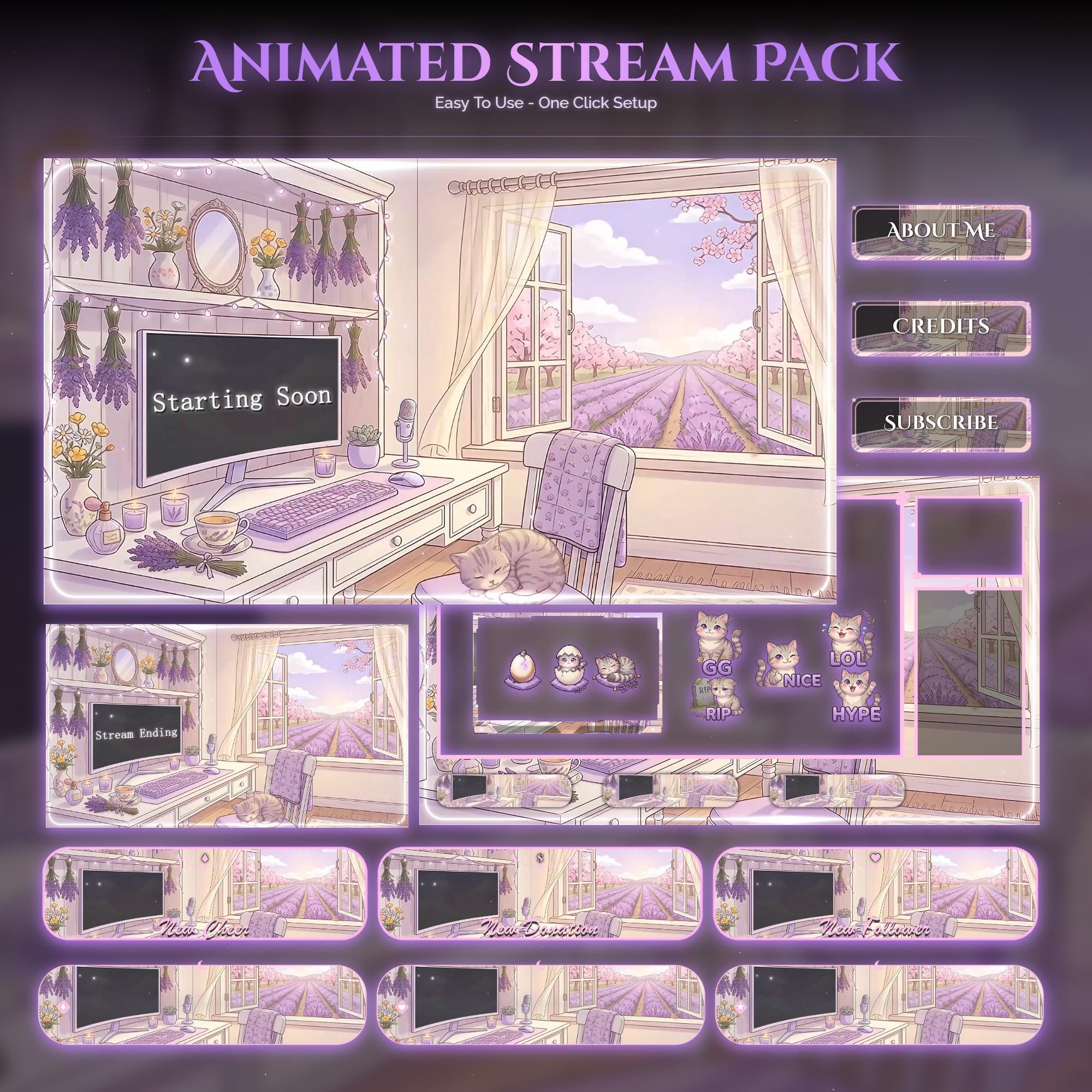 Lavender Spring Cat Animated Stream Package