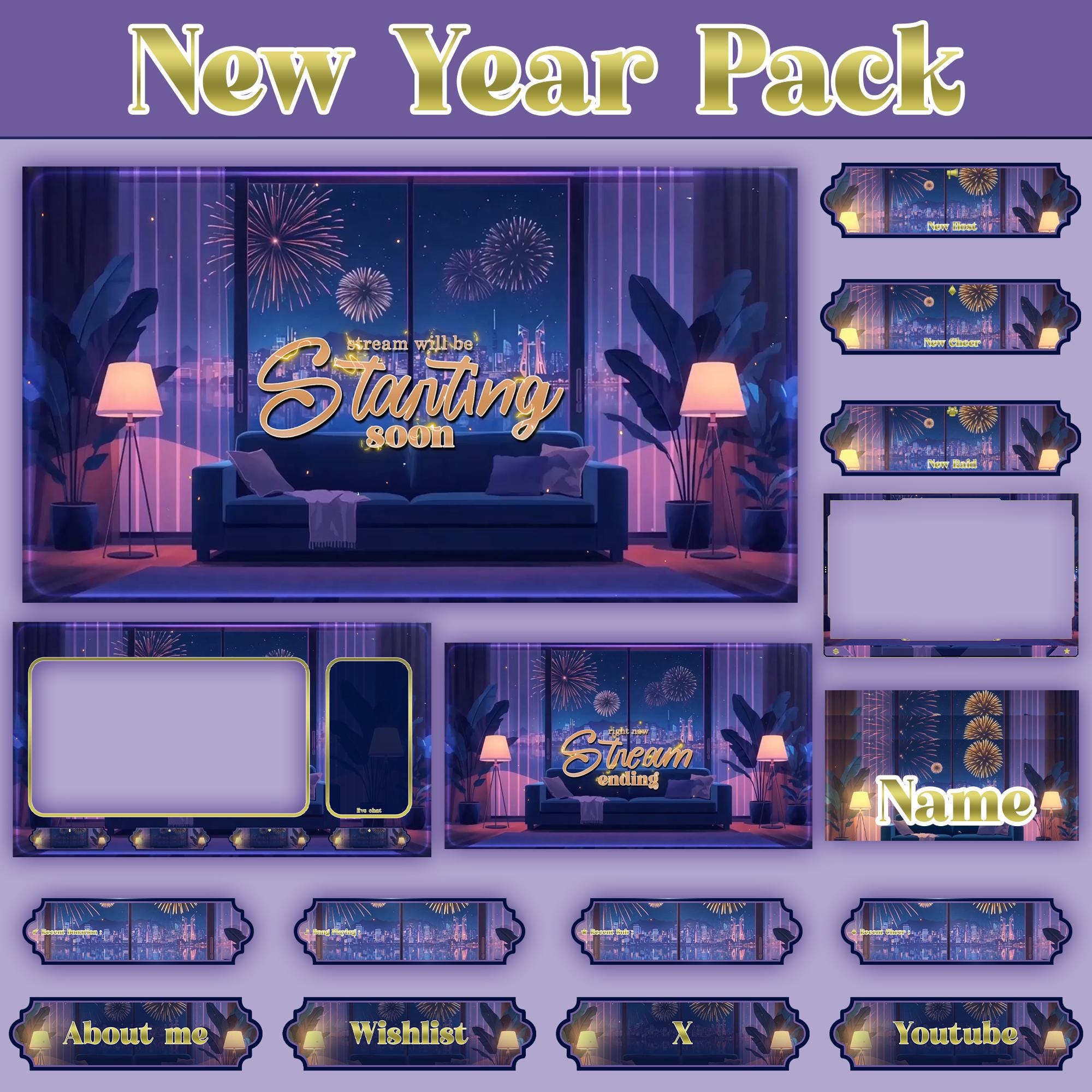 Festival Animated Stream Package : Twitch Overlay, YouTube, Kick, Purple Overlays