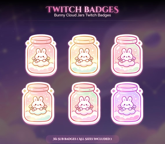 Bunny Cloud Jars Twitch Badges — animated frog and woodland animal stream overlay pack for Twitch, YouTube, Kick and TikTok, with Starting Soon, BRB and Ending screens, alerts and panels