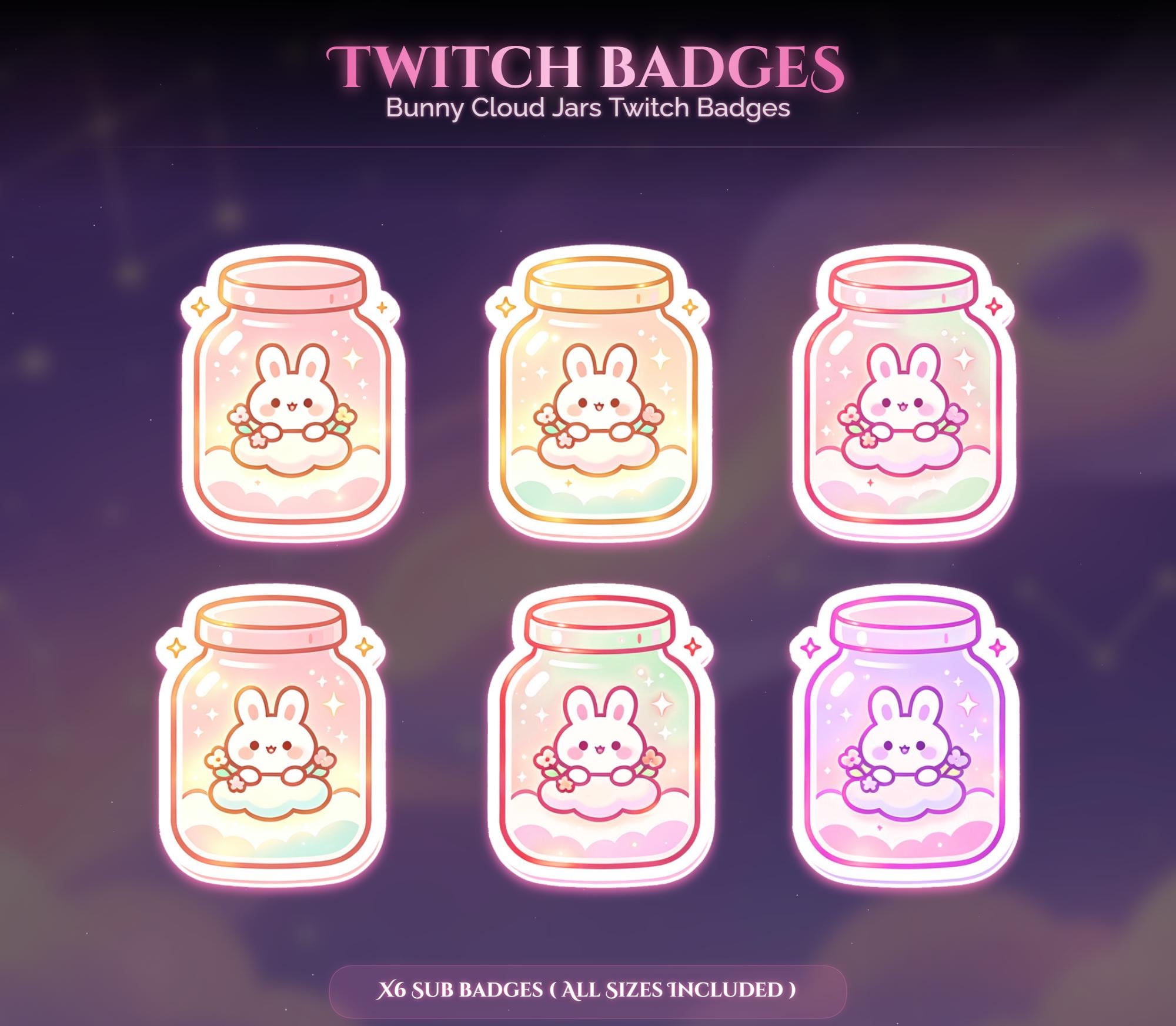 Bunny Cloud Jars Twitch Badges — animated frog and woodland animal stream overlay pack for Twitch, YouTube, Kick and TikTok, with Starting Soon, BRB and Ending screens, alerts and panels