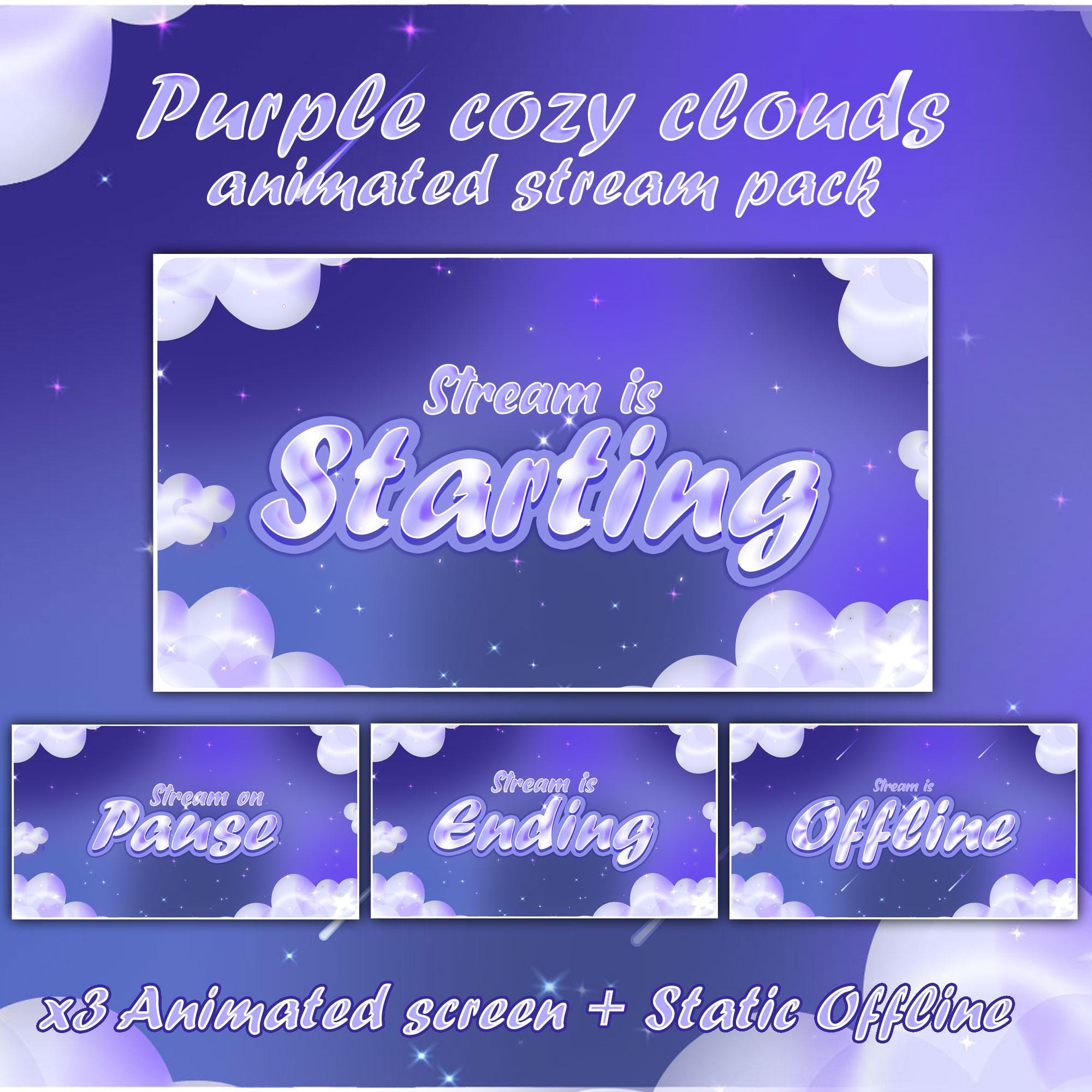 Purple Clouds Animated Stream Package: Twitch Overlay, Kick, Facecam, Panels, Alerts, Stream Overlays — preview photo 2