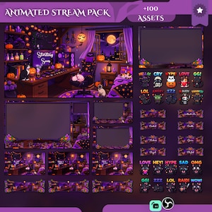 May include: An animated stream pack featuring over 100 digital assets with a purple and orange Halloween theme. Includes overlays, panels, and emotes depicting cats, pumpkins, and gaming setups with text like Starting Soon, Hello, Cry, Hype, Love, and GG.