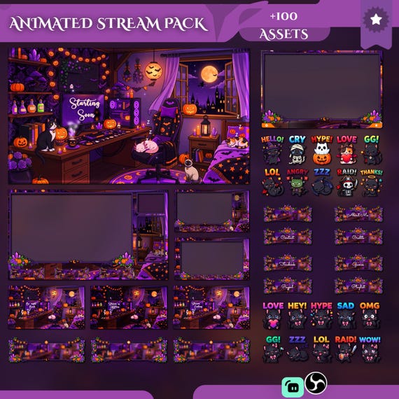 Halloween Axolotl Overlay Animated Stream Pack - animated axolotl stream overlay pack for Twitch, YouTube, Kick and TikTok, with Starting Soon, BRB and Ending screens, alerts and panels
