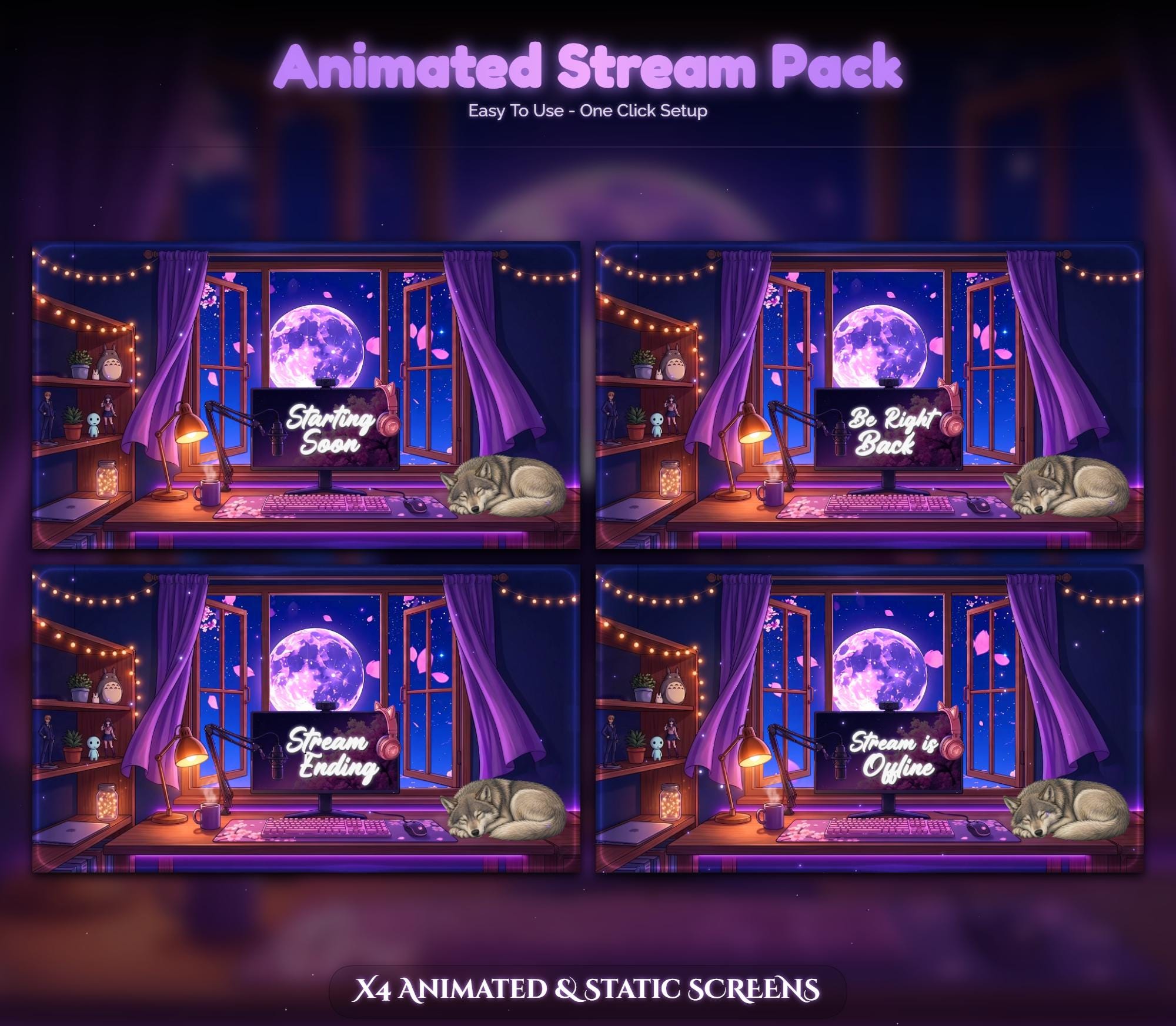Wolf Sakura Moon Setup Animated Stream Pack — preview photo 2