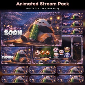 Peut inclure: Pack de stream animé avec un design de panda. Le pack comprend des superpositions, des panneaux et des alertes animés. L'image principale présente un panda tenant une canette verte. Le texte comprend "Starting Soon" et "Stream Ending".