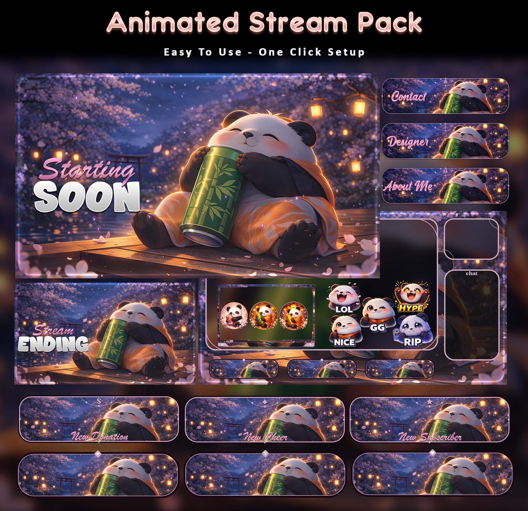 Sakura Panda Animated Stream Package: Twitch Overlay, YouTube, Kick