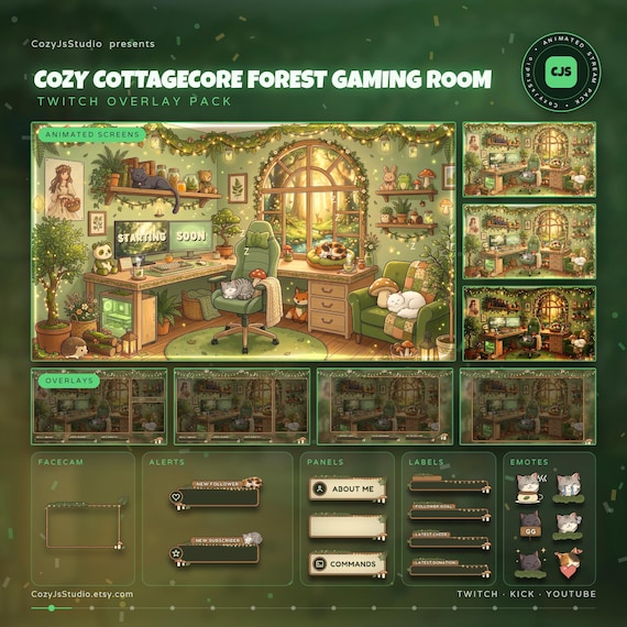 Animated Cozy Cat Twitch Overlay Pack - animated cat stream overlay pack for Twitch, YouTube, Kick and TikTok, with Starting Soon, BRB and Ending screens, alerts and panels