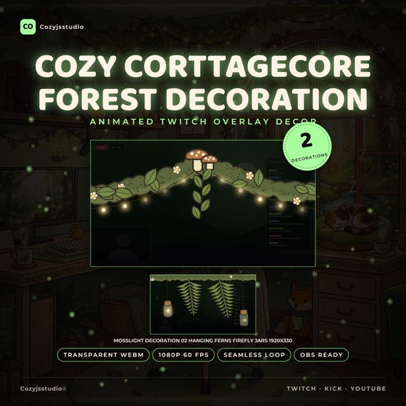 Animated Cottagecore Twitch Overlay Decor - animated frog and woodland animal stream overlay pack for Twitch, YouTube, Kick and TikTok, with Starting Soon, BRB and Ending screens, alerts and panels
