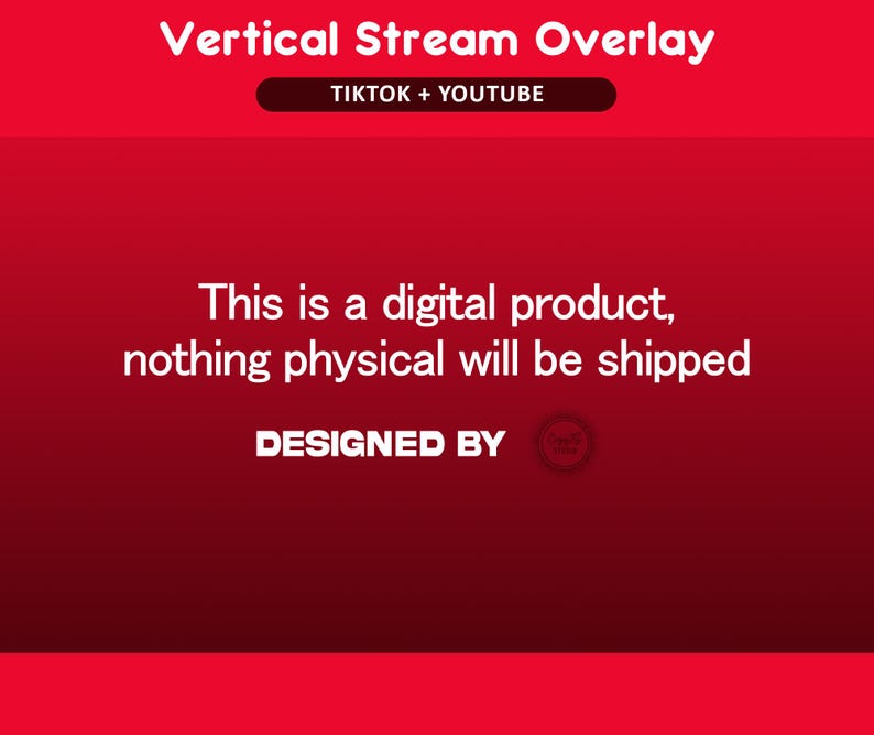 Pode incluir: Um gr&aacute;fico de sobreposi&ccedil;&atilde;o de produto digital vermelho com o texto "Vertical Stream Overlay" e "TIKTOK + YOUTUBE". O texto "This is a digital product, nothing physical will be shipped" tamb&eacute;m &eacute; exibido.