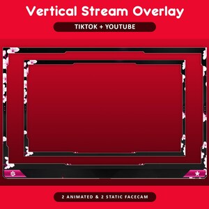 Pode incluir: Design de sobreposi&ccedil;&atilde;o de fluxo vertical com fundo vermelho. A sobreposi&ccedil;&atilde;o apresenta uma moldura preta com detalhes florais brancos e rosa. O texto inclui "Vertical Stream Overlay", "TIKTOK + YOUTUBE" e "2 ANIMATED & 2 STATIC FACECAM."