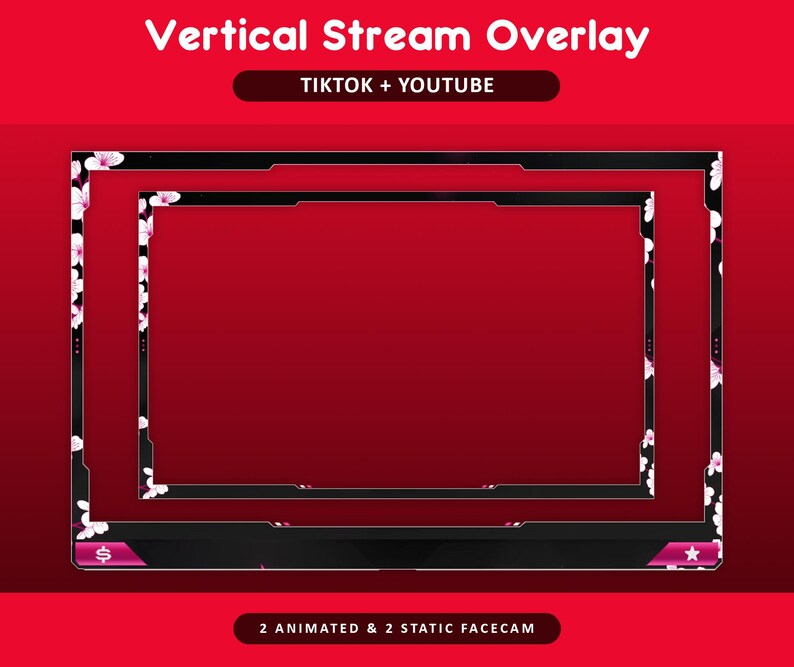 Pode incluir: Design de sobreposi&ccedil;&atilde;o de fluxo vertical com fundo vermelho. A sobreposi&ccedil;&atilde;o apresenta uma moldura preta com detalhes florais brancos e rosa. O texto inclui "Vertical Stream Overlay", "TIKTOK + YOUTUBE" e "2 ANIMATED & 2 STATIC FACECAM."