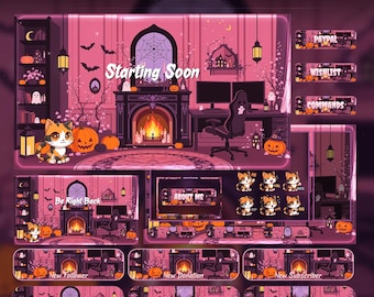 Spooky Animated Halloween Calico cat Room Twitch Full Stream Pack | YouTube | Kick | Pink Overlays