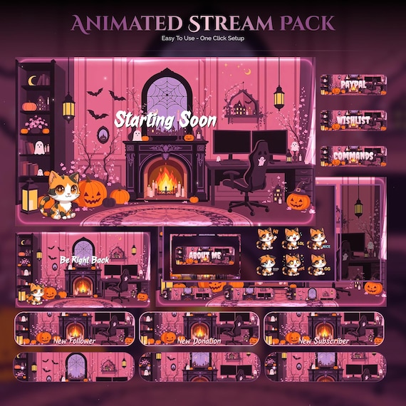 Spooky Animated Halloween Calico cat Room Twitch Full Stream Pack — animated seasonal stream overlay pack for Twitch, YouTube, Kick and TikTok, with Starting Soon, BRB and Ending screens, alerts and panels