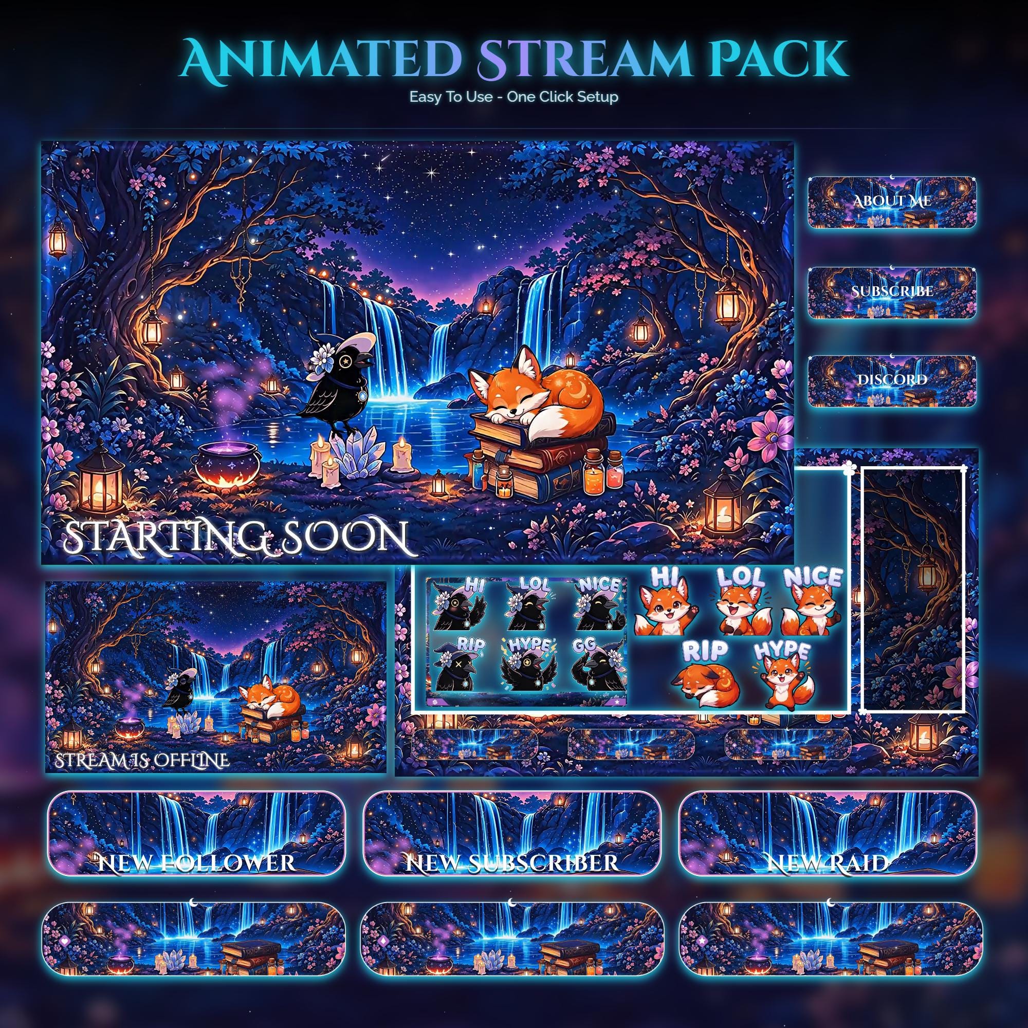 Animated Stream Pack: Spooky Raven Fox Forest Magic Overlays (Digital Download) — animated witchy and gothic stream overlay pack for Twitch, YouTube, Kick and TikTok, with Starting Soon, BRB and Ending screens, alerts and panels