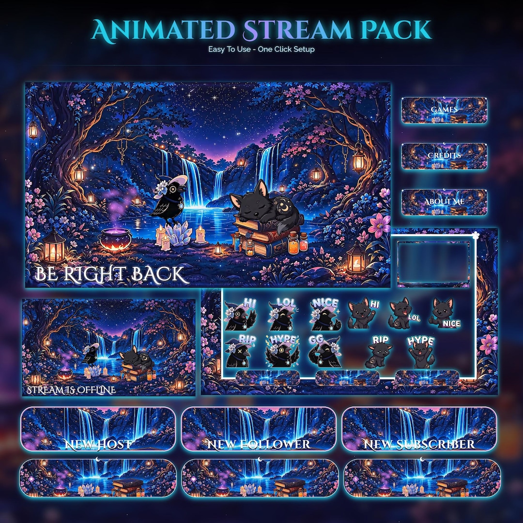 Spooky Raven Wolf Animated Stream Package — animated witchy and gothic stream overlay pack for Twitch, YouTube, Kick and TikTok, with Starting Soon, BRB and Ending screens, alerts and panels