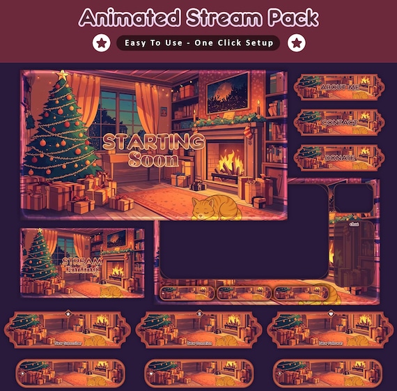 Midnight Cozy Cat Orange Animated Stream Package — animated cat stream overlay pack for Twitch, YouTube, Kick and TikTok, with Starting Soon, BRB and Ending screens, alerts and panels
