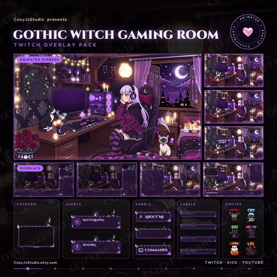 Witchy Anime Girl Animated Stream Overlay - animated witch stream overlay pack for Twitch, YouTube, Kick and TikTok, with Starting Soon, BRB and Ending screens, alerts and panels
