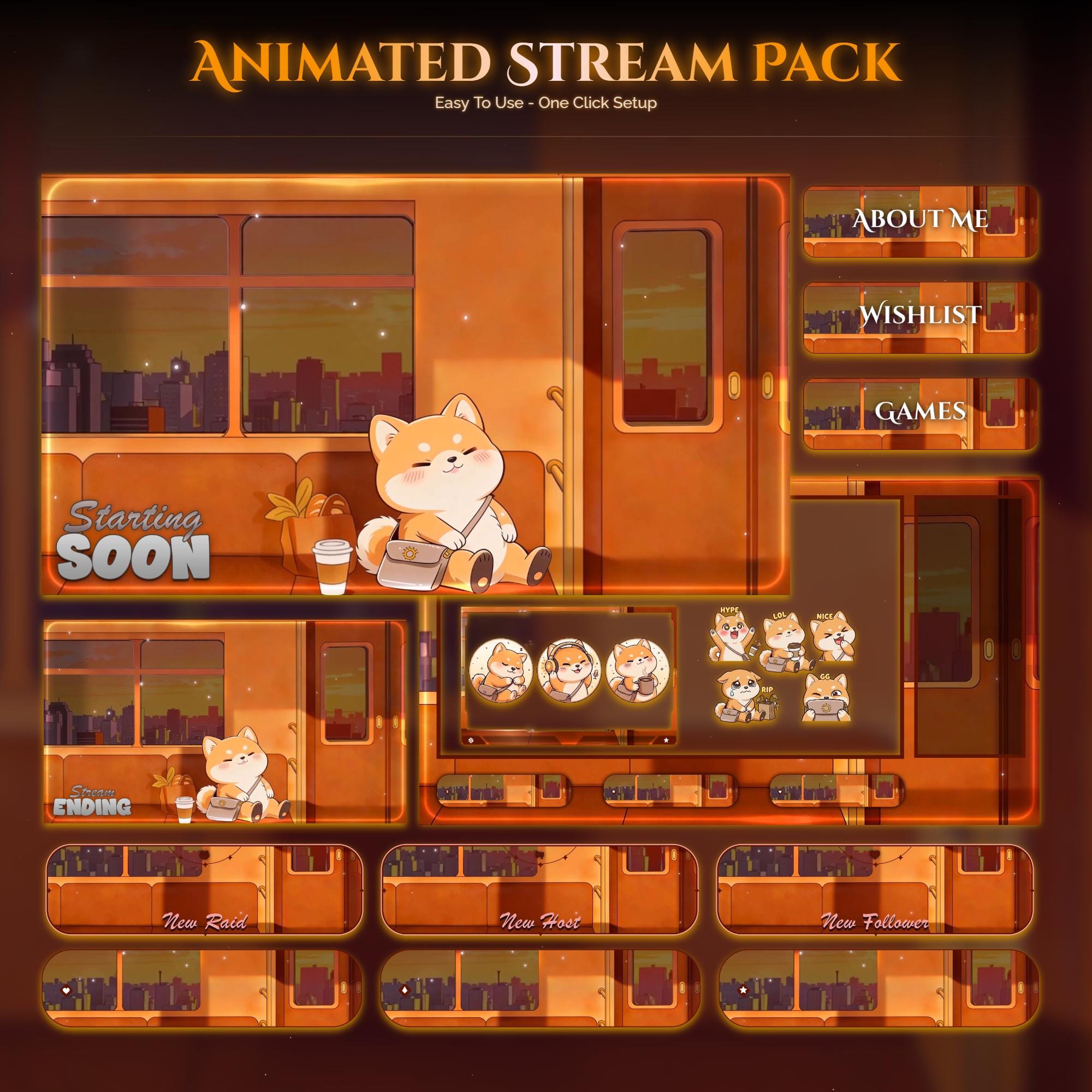 Train Sunset Dog Overlay Animated Stream Package: For Twitch, YouTube, Kick