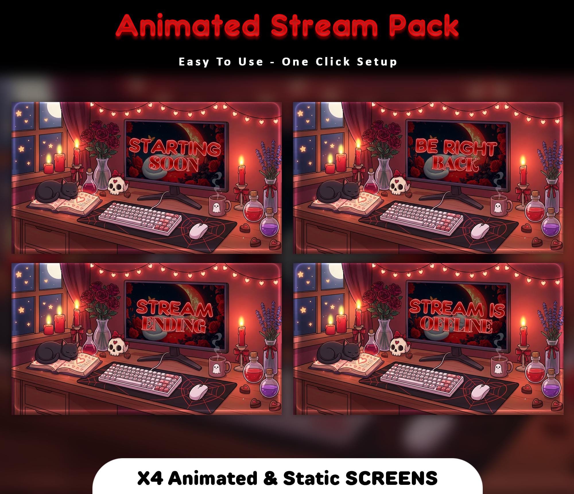 Midnight Cozy Cat Animated Stream Pack: Gothic Twitch Overlay (Digital Download) — preview photo 2
