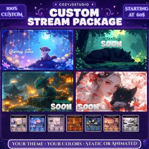 May include: A digital stream package display featuring the text COZYJSSTUDIO CUSTOM STREAM PACKAGE. It includes four large panels with illustrations of an otter, a wolf, a dragon, and a person with a wolf, all labelled Starting Soon, plus seven small layout previews.