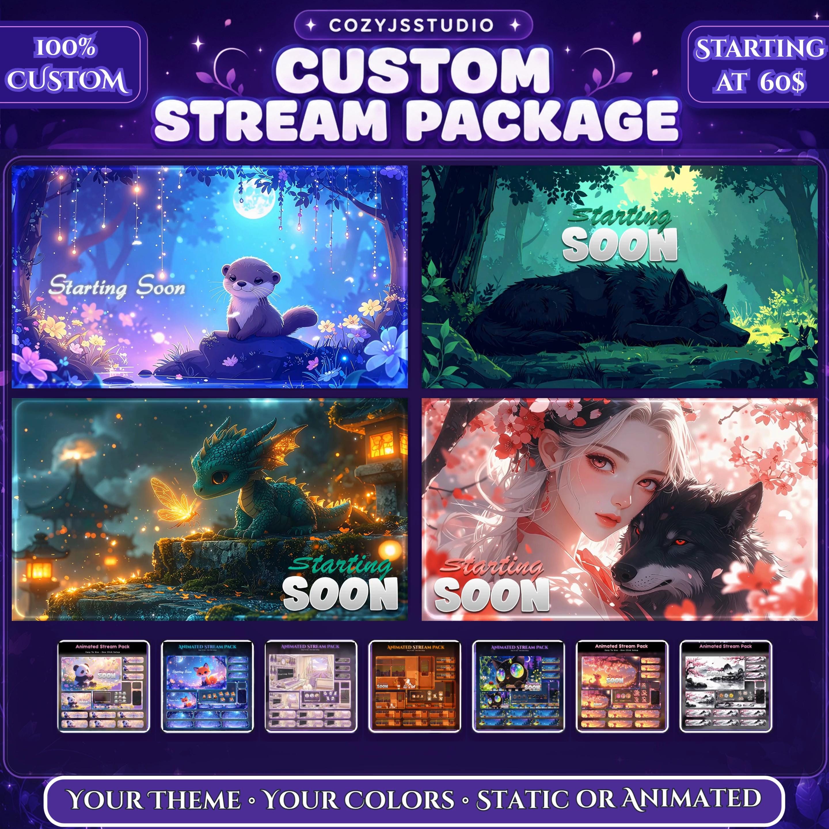 Custom Animated Twitch Stream Overlay Full Pack Bundle — animated frog and woodland animal stream overlay pack for Twitch, YouTube, Kick and TikTok, with Starting Soon, BRB and Ending screens, alerts and panels