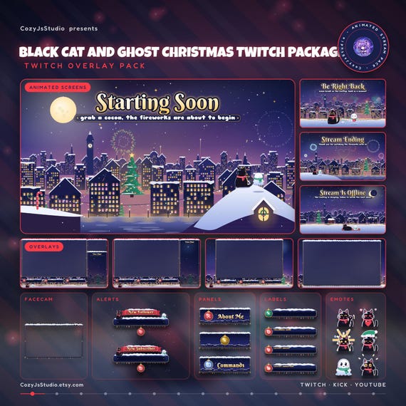Black Cat and Ghost Christmas Animated Twitch Overlay Package - animated cat stream overlay pack for Twitch, YouTube, Kick and TikTok, with Starting Soon, BRB and Ending screens, alerts and panels