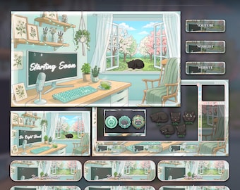 Matcha Cat Animated Stream Package: For Twitch Overlay, YouTube, Kick | Cat Overlays