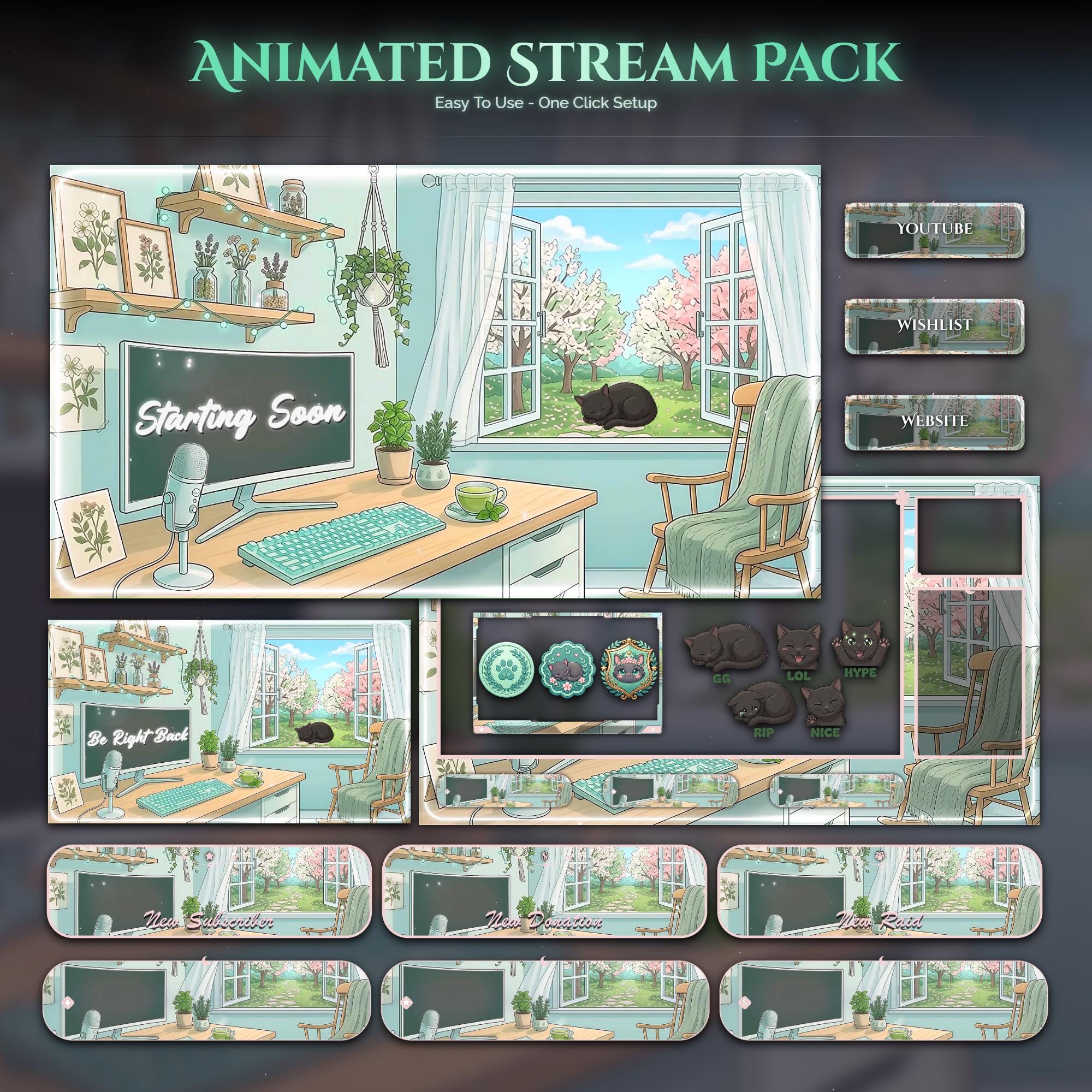Matcha Cat Animated Stream Package: For Twitch Overlay, YouTube, Kick
