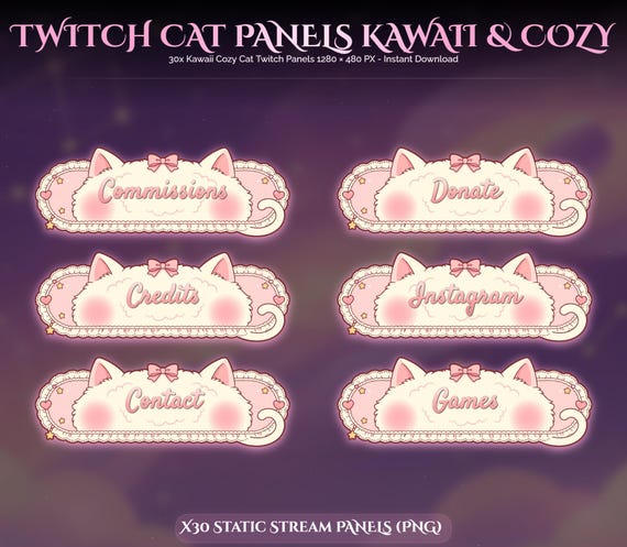 30x Kawaii Cat Twitch Panels — animated cat stream overlay pack for Twitch, YouTube, Kick and TikTok, with Starting Soon, BRB and Ending screens, alerts and panels