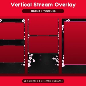 Pode incluir: Gr&aacute;ficos de sobreposi&ccedil;&atilde;o de fluxo vertical para TikTok e YouTube, com um esquema de cores vermelho e preto e detalhes de flores de cerejeira. O design inclui molduras para conte&uacute;do de v&iacute;deo, com o texto "10 Animated & 10 Static Overlays".