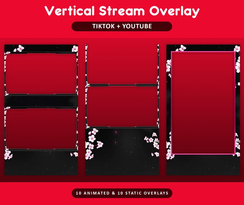 Pode incluir: Gr&aacute;ficos de sobreposi&ccedil;&atilde;o de fluxo vertical para TikTok e YouTube, com um esquema de cores vermelho e preto e detalhes de flores de cerejeira. O design inclui molduras para conte&uacute;do de v&iacute;deo, com o texto "10 Animated & 10 Static Overlays".