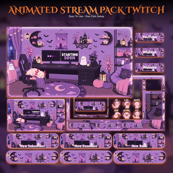 Animated Halloween Twitch Stream Overlay Pack — Axolotl — animated seasonal stream overlay pack for Twitch, YouTube, Kick and TikTok, with Starting Soon, BRB and Ending screens, alerts and panels
