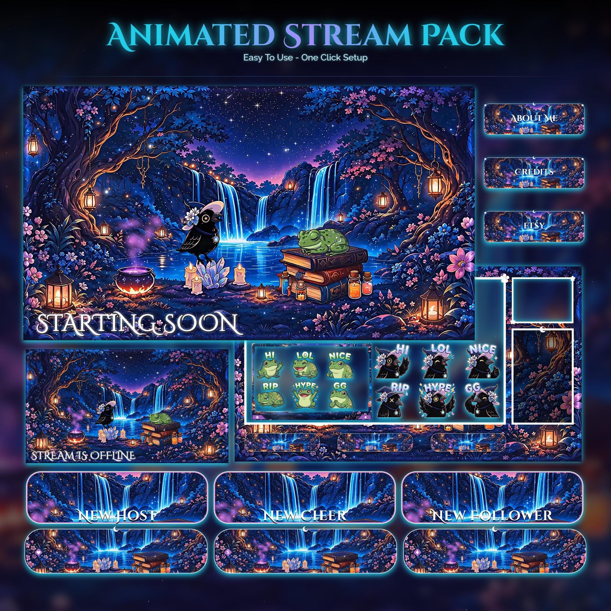 Spooky Frog Raven Animated Stream Package: Twitch Overlay, YouTube, Kick — animated witchy and gothic stream overlay pack for Twitch, YouTube, Kick and TikTok, with Starting Soon, BRB and Ending screens, alerts and panels