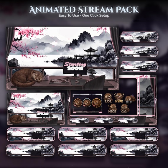 Otter Overlay Animated Stream Package — animated sakura and Japanese stream overlay pack for Twitch, YouTube, Kick and TikTok, with Starting Soon, BRB and Ending screens, alerts and panels