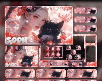 Pink Cherry Blossom Black Wolf Animated Stream Overlay Pack (Twitch/YouTube/Kick) | Wolves Overlays