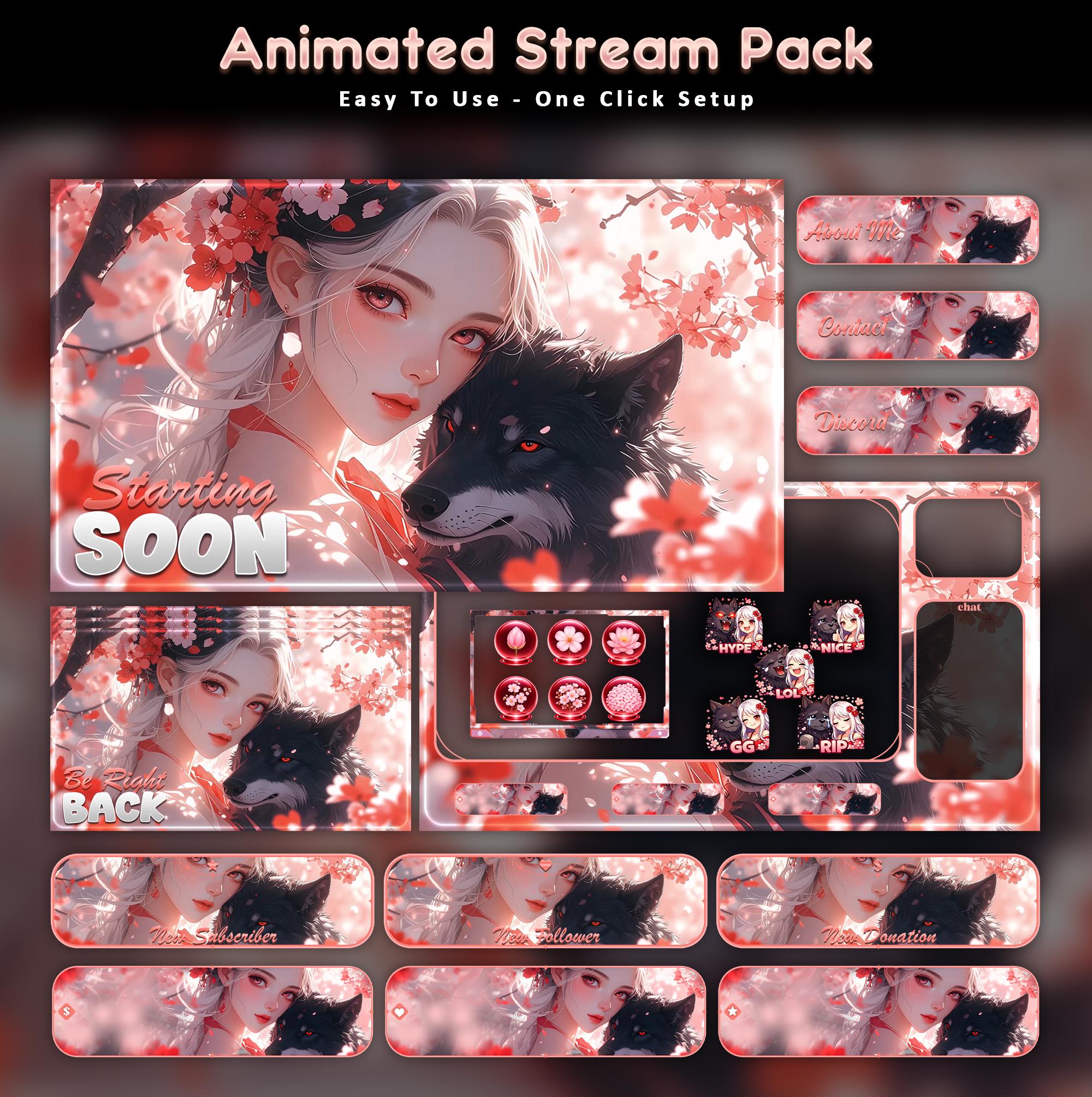 Pink Cherry Blossom Black Wolf Animated Stream Overlay Pack (Twitch/YouTube/Kick)