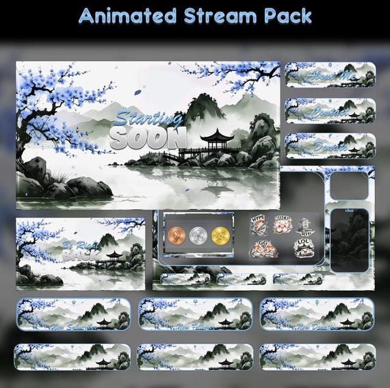 Animated Cherry Blossom Stream Overlay Package with Ice Blue - animated sakura and Japanese stream overlay pack for Twitch, YouTube, Kick and TikTok, with Starting Soon, BRB and Ending screens, alerts and panels