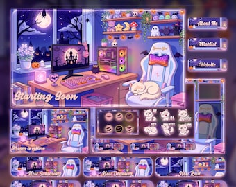 Animated Spooky Halloween Twitch Overlay Pack | Room Gothic Cat Stream Package (Digital Download)