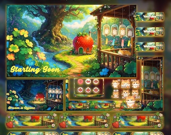 Animated Cats Forest Stream Package | Cats Twitch Overlay | YouTube & Kick Overlays | Cozy Strawberry House | Kawaii Kitty Stream Overlay