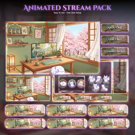 Sakura Fox Setup Animated Stream Package — animated fox stream overlay pack for Twitch, YouTube, Kick and TikTok, with Starting Soon, BRB and Ending screens, alerts and panels