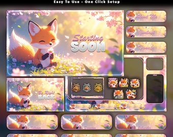 Blossom Fox Animated Stream Overlay Pack | Twitch, YouTube, Kick | Chibi Red Fox overlays