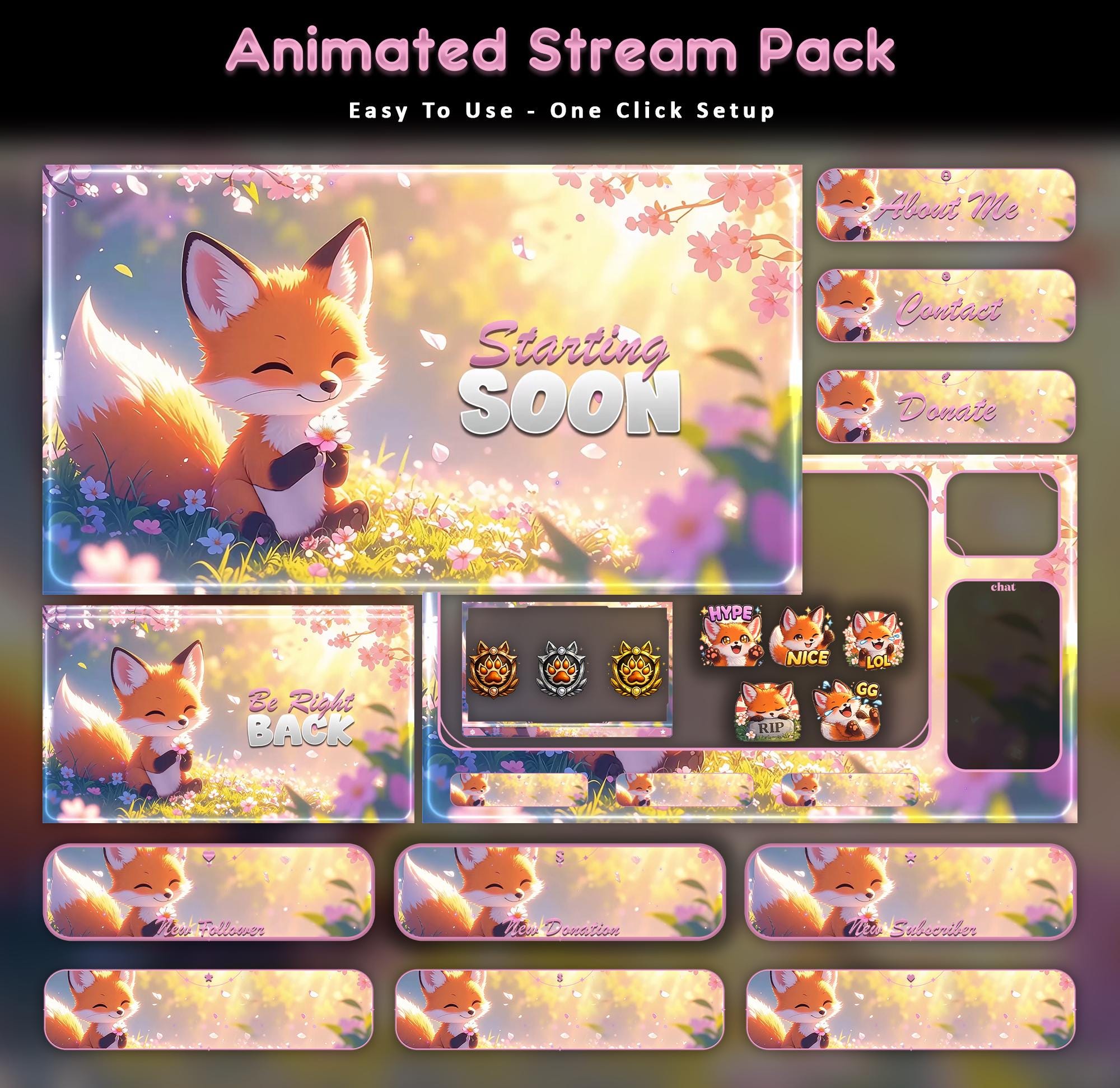 Blossom Fox Animated Stream Overlay Pack