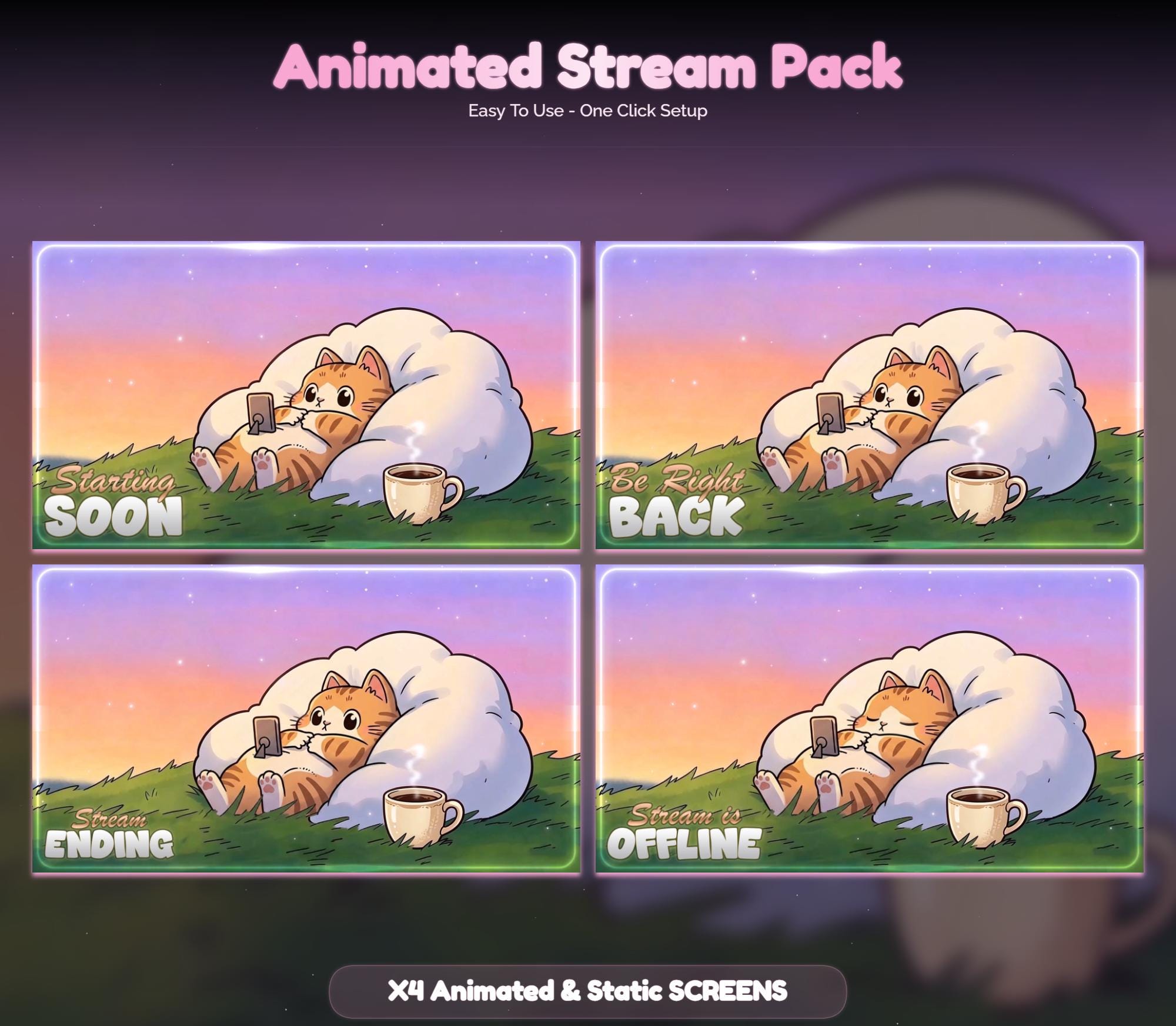 Lofi Sunset Orange Cat Overlay Animated Stream Package: Cozy — preview photo 2