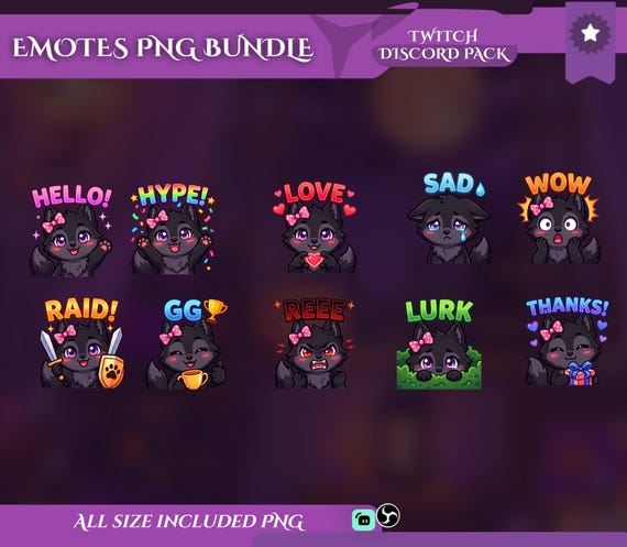 10 Cute Wolf Twitch Emotes - animated wolf Twitch emotes set for Twitch, YouTube, Kick and TikTok, with Twitch emotes in every required size
