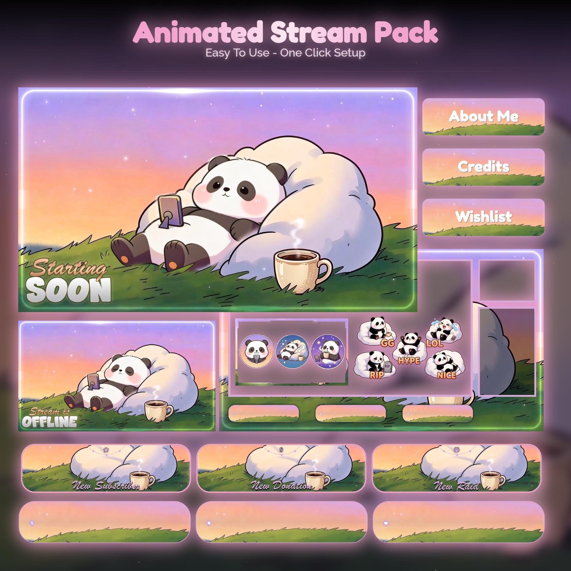 Lofi Sunset Panda Overlay Animated Stream Package: Cozy