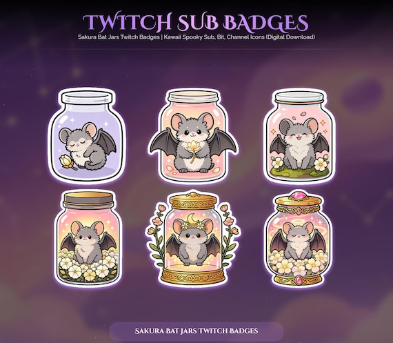 Sakura Bat Jars Twitch Badges — animated witchy and gothic stream overlay pack for Twitch, YouTube, Kick and TikTok, with Starting Soon, BRB and Ending screens, alerts and panels