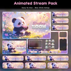 May include: Animated stream pack with a panda theme. The design features a panda holding flowers in a field with cherry blossoms. Includes animated overlays for "Starting Soon", "Be Right Back", and social media buttons.