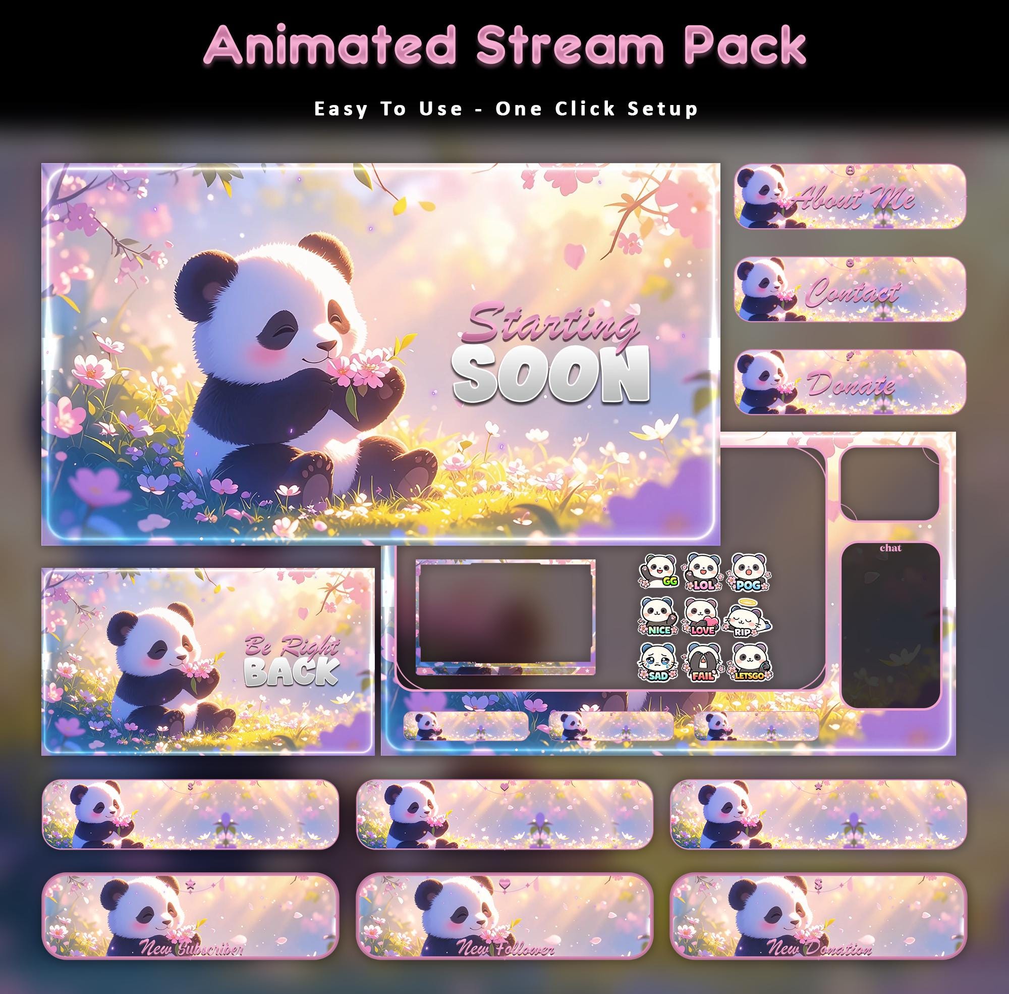 Blossom Panda Animated Stream Package: For Twitch Overlay, YouTube, Kick